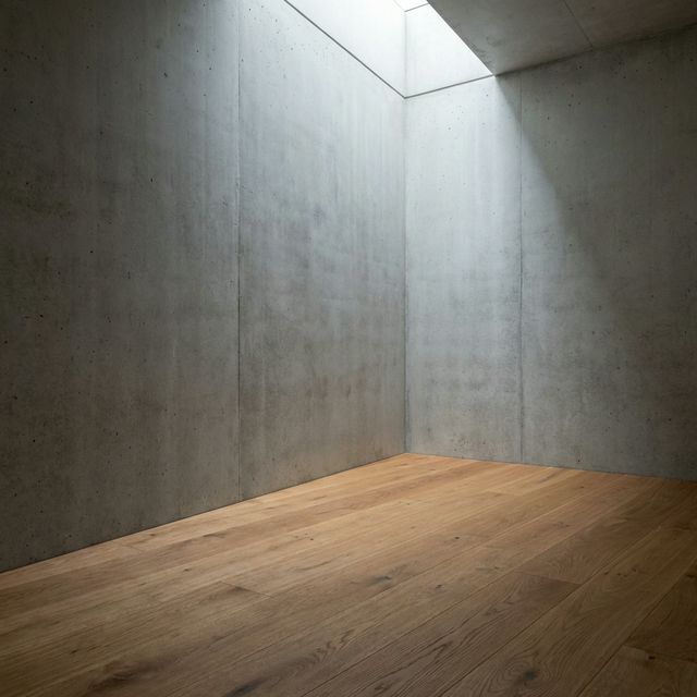 Interior detail of minimalist architecture focusing on the intersection of a raw concrete wall and a warm oak wooden floor, soft diffused natural light from a hidden skylight, elegant shadows, extremely clean and high precision. No people.